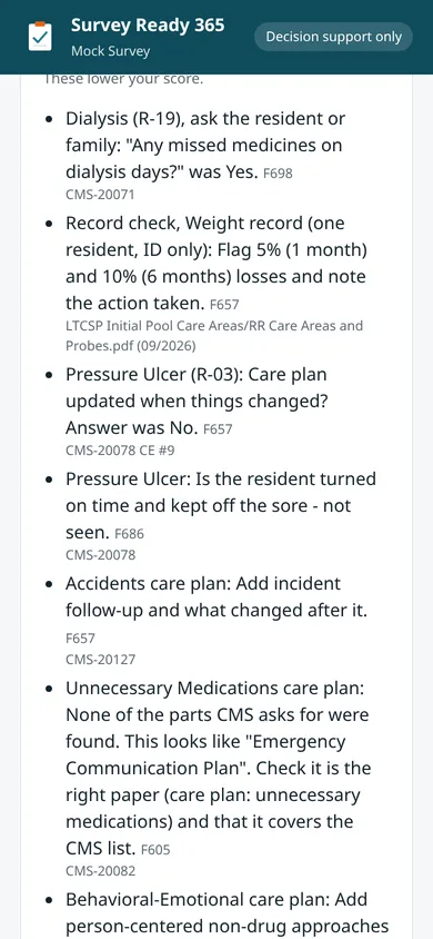 List of policy gaps found against CMS F-tags, each with a suggested fix